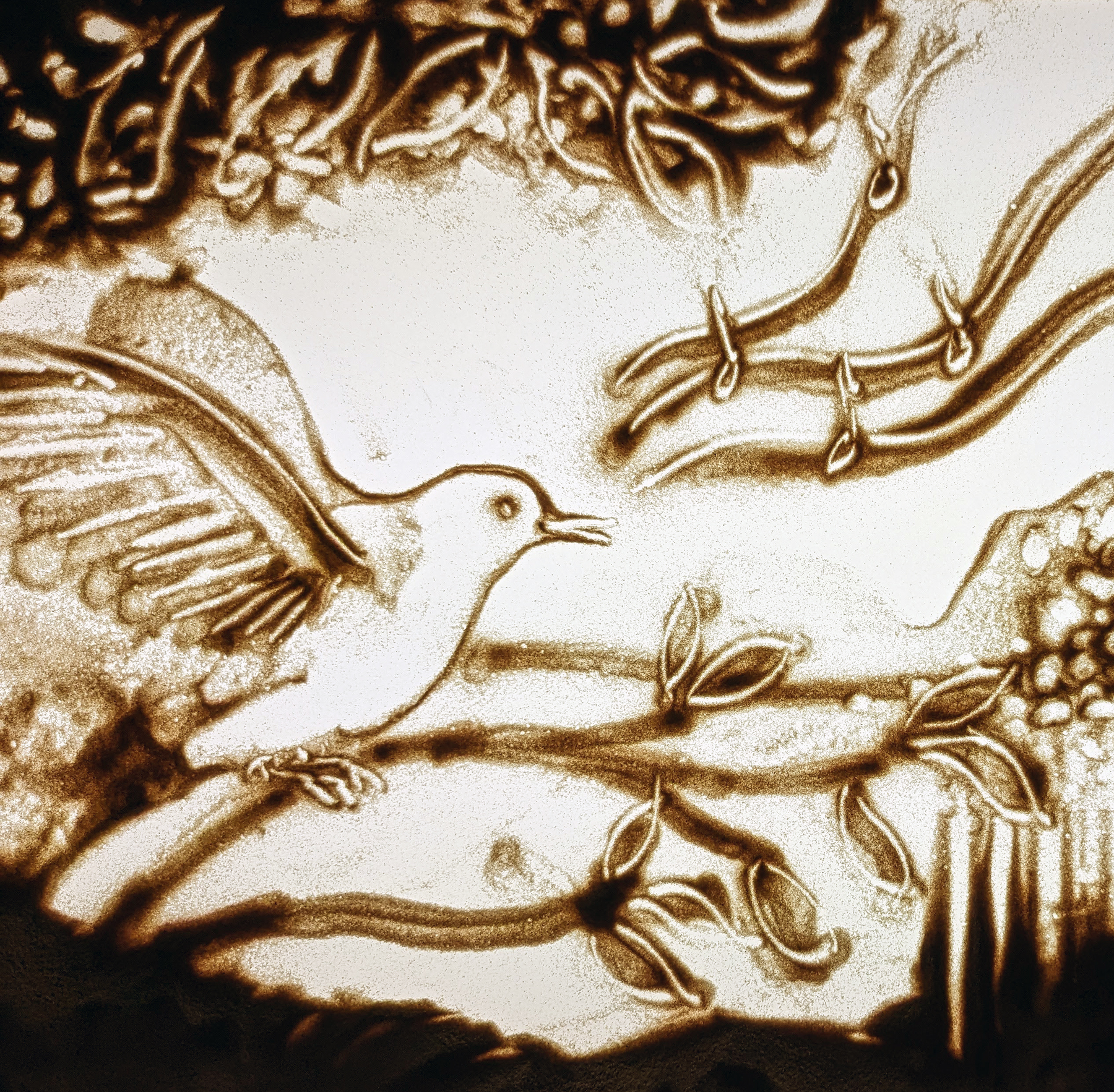 Dessin montrant un oiseau sur une branche avec notes de musique